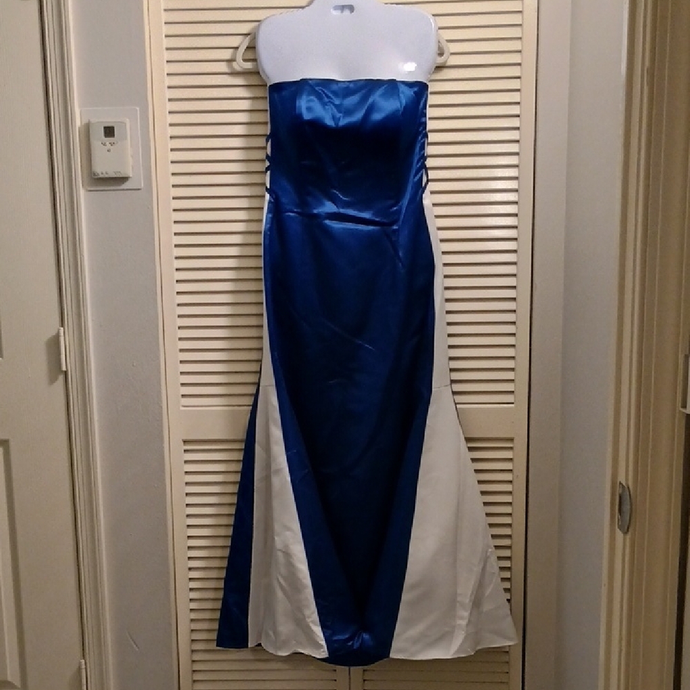 Jessica McLintock Blue and White Strapless Gown for Prom
